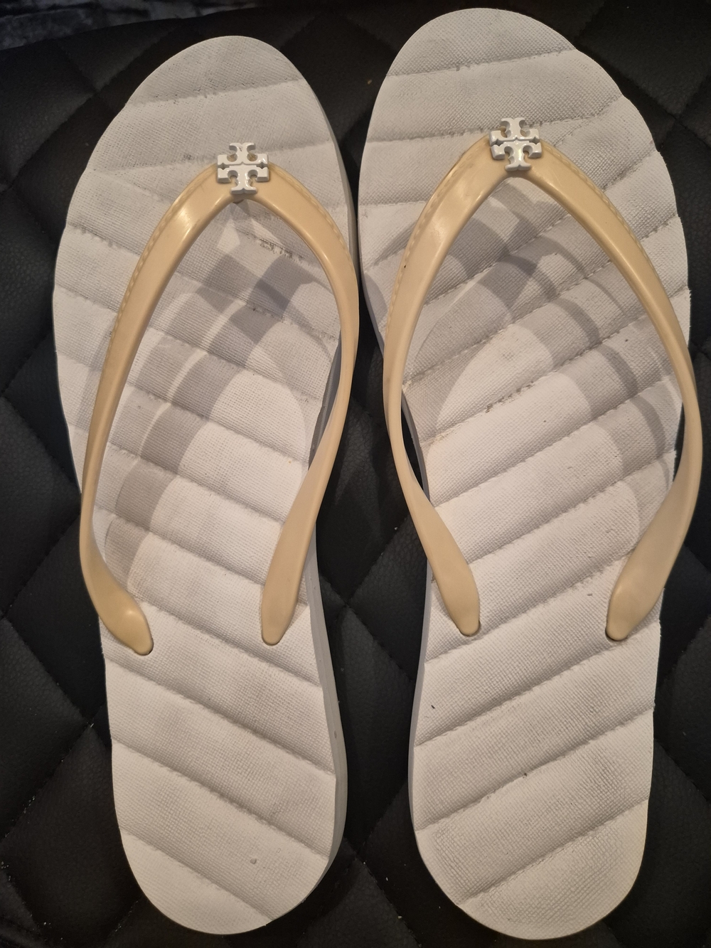 Tory Burch Cream Strap White Quilted Footbed Flip Flops
